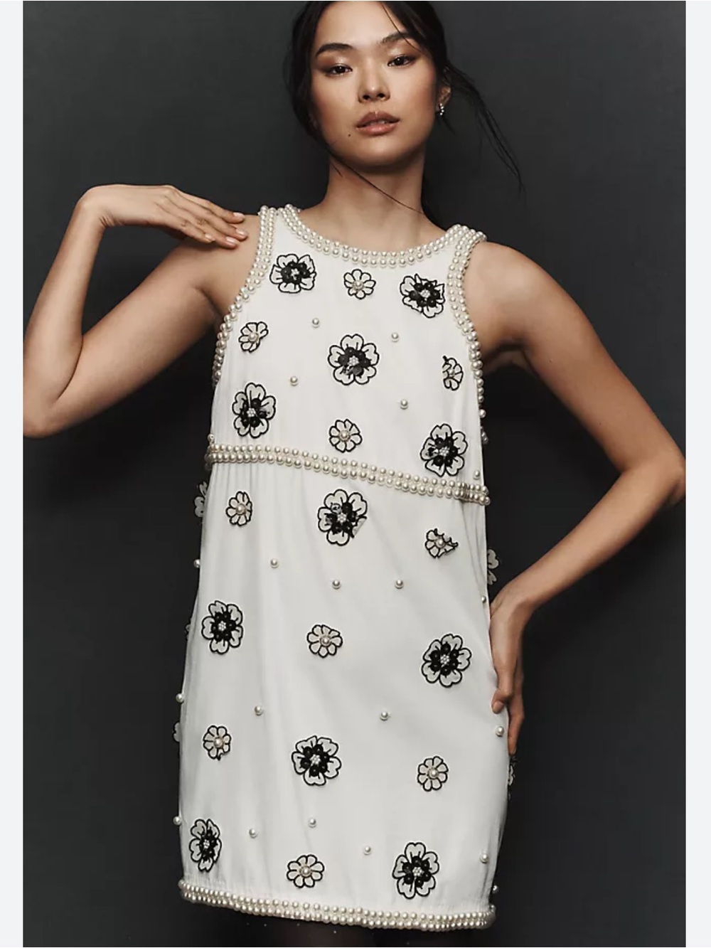 Anthropologie White Shift Mini Dress with Black Floral Appliqués